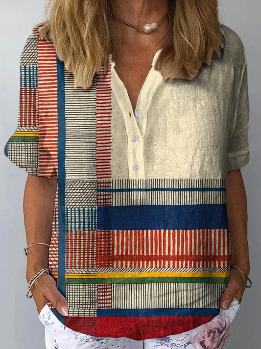 Gael - Women's Abstract Geometric Pattern Art Print Casual Cotton And Linen Shirt