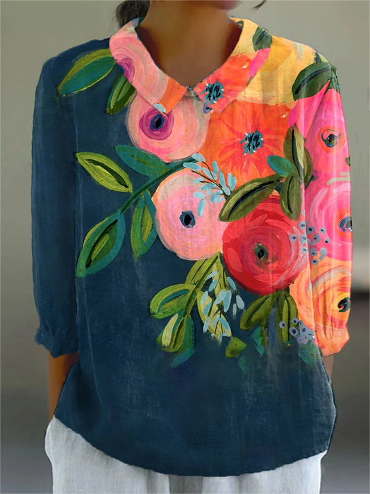 Merlene - Women's Vintage Flowers Art Print Casual Cotton And Linen 3/4 Sleeve Shirt