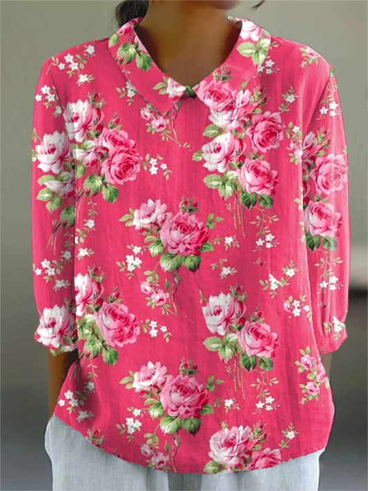 Rosy - Women's Vintage Floral Art Print Casual Cotton And Linen 3/4 Sleeve Shirt