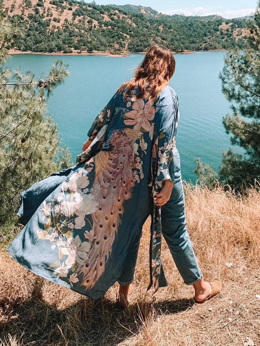 Long kimono robe with batwing sleeves