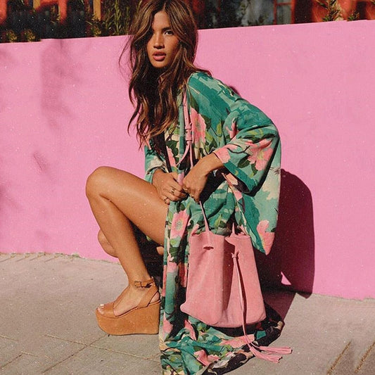 Green floral print kimono cardigan