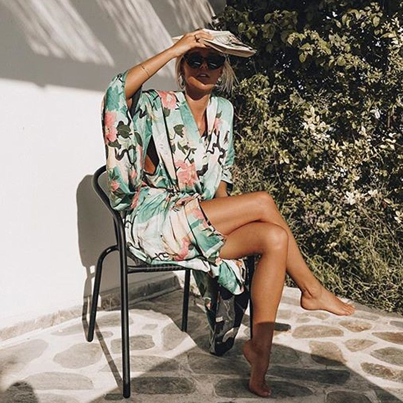 Green floral print kimono cardigan